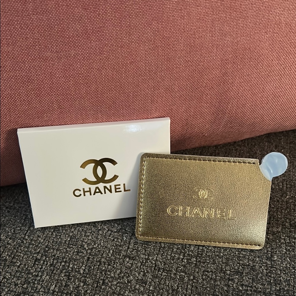 NWOT CHANEL Metallic Gold pebbled leather  Card Case and mirror